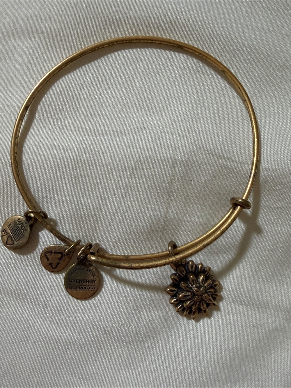 Alex and Ani Gold Tone Flower Charm Adjustable Bangle with Logo Discs